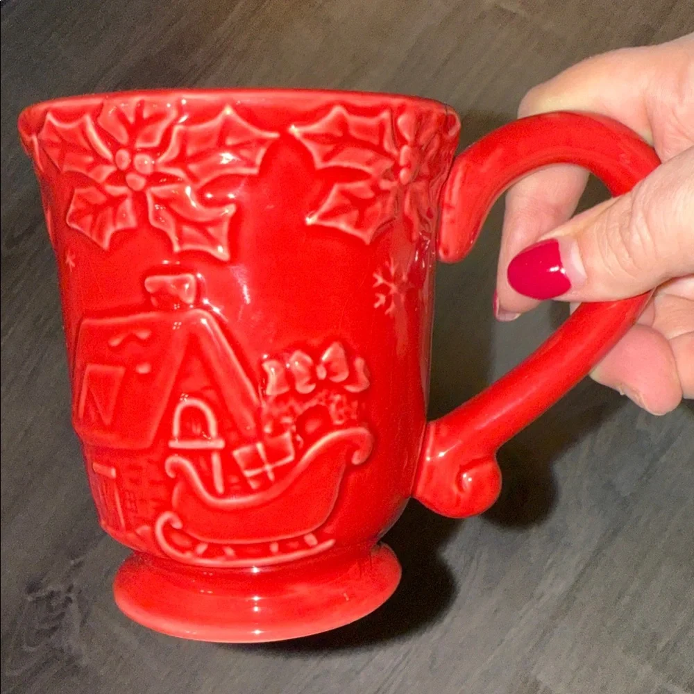 William Sonoma Red Holiday Mug with Embossed House with Sled Design